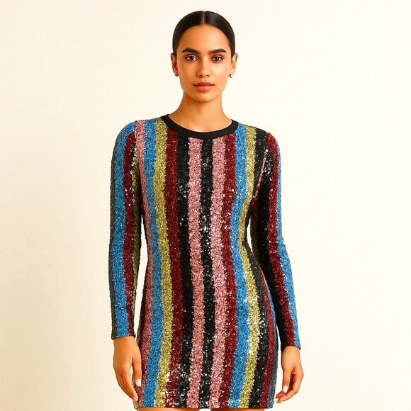 Multicolor Striped Sequin Bodycon Dress - Picture 1 of 3